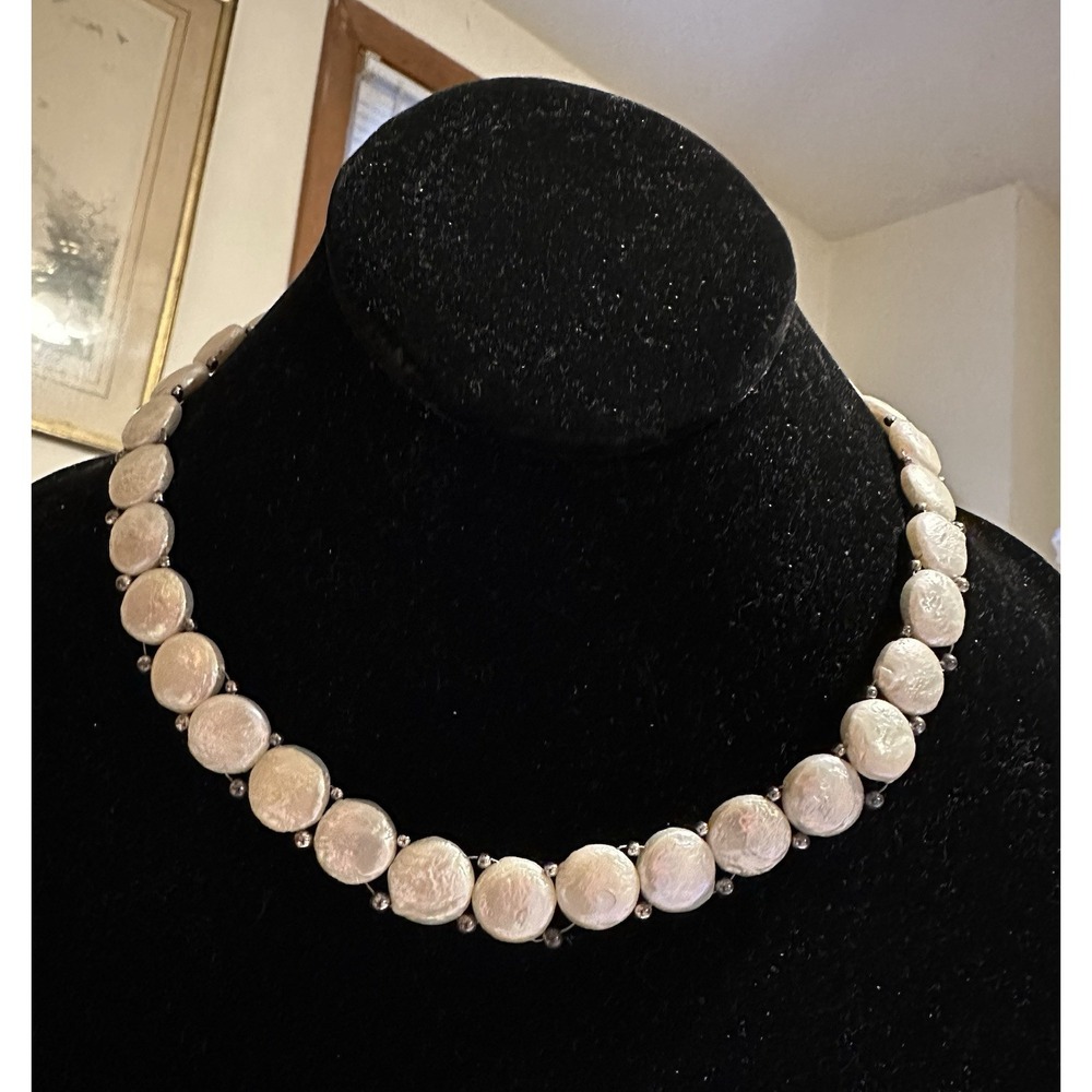 17" Coin Pearl Necklace W/ Sterling Silver Accent Beads
